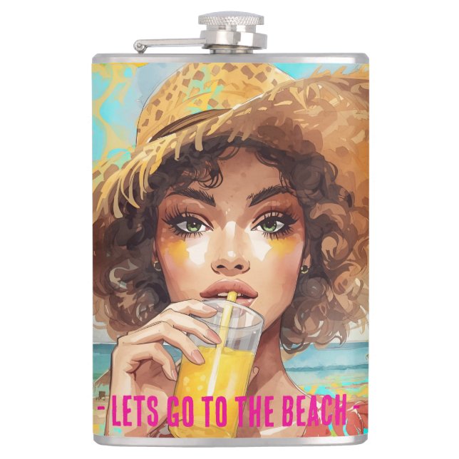 Tropical Beach, Lets Go to The Beach, Orange Turqu Hip Flask (Front)