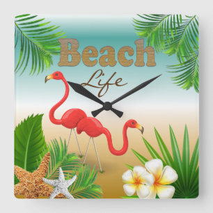 Tropical Beach Life Design with Flamingos Square Wall Clock