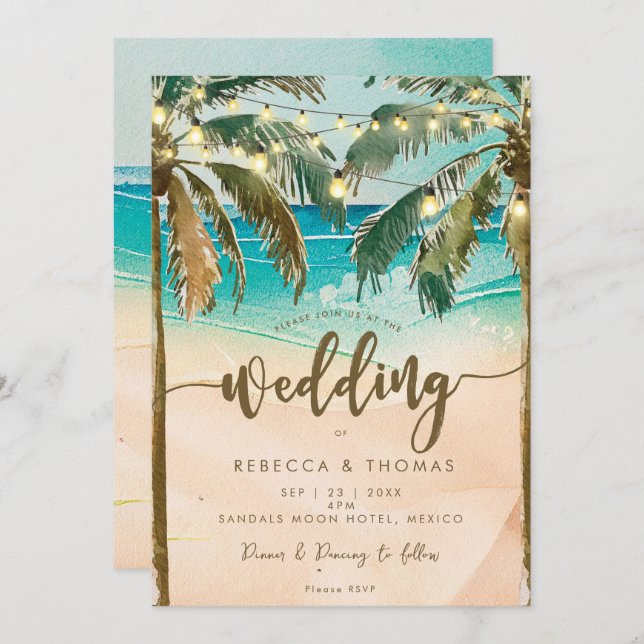 tropical beach lights modern wedding invitation (Front/Back)