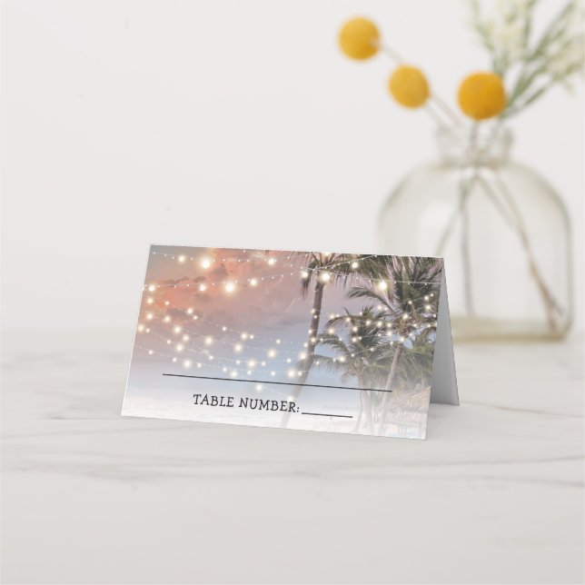 Tropical Beach Lights Wedding Place Card (Front)