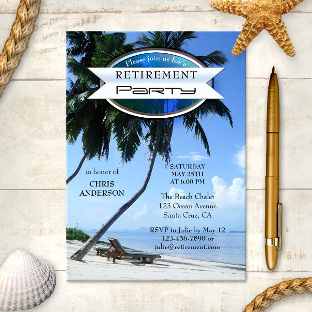 Tropical Beach Lounge Chair Retirement Invitation (Retirement party invitation featuring lounge chairs on a tropical beach with palm trees)