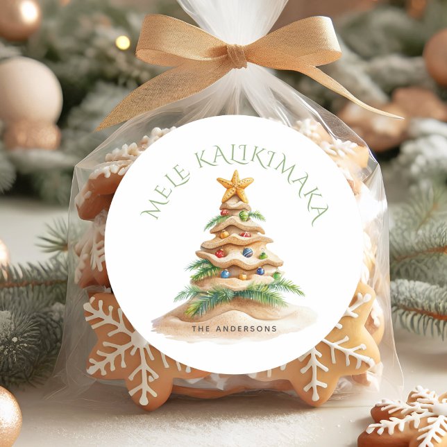 Tropical Beach Mele Kalikimaka Christmas Tree  Classic Round Sticker (Creator Uploaded)
