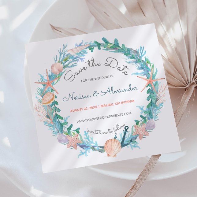 Tropical Beach Nautical Sea Wreath Wedding Save The Date (Creator Uploaded)