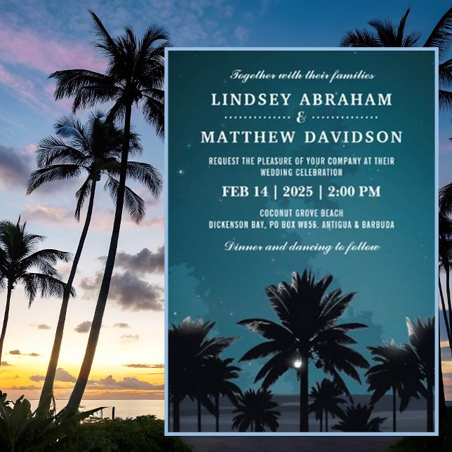 Tropical Beach Night Palm Tree Lights Wedding Invitation (Creator Uploaded)