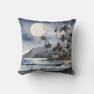 Tropical Beach Night Sky Moon Watercolors Cushion