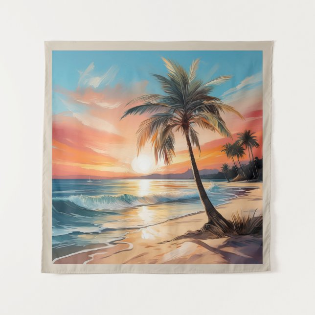 Tropical Beach Ocean And Palm Tree Sq Tapestry (Front)