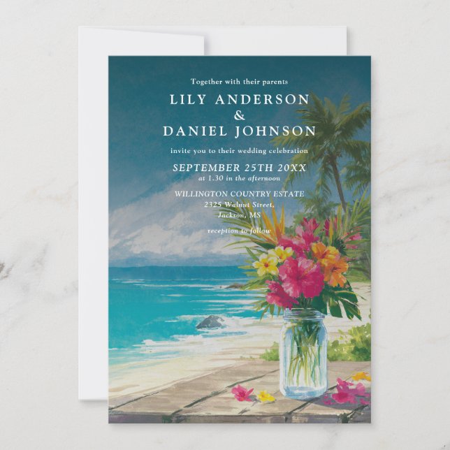 Tropical Beach Ocean Floral Mason Jar Wedding Invitation (Front)