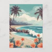 Tropical Beach, Ocean, Hibiscus Flowers 