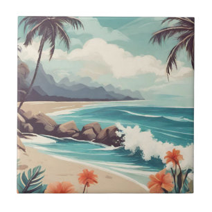 Tropical Beach, Ocean, Hibiscus Flowers Tile