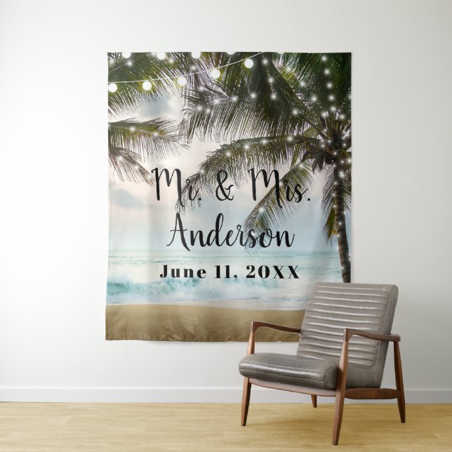 Tropical Beach Ocean Palm Tree Photo Backdrop Tapestry (In Situ)