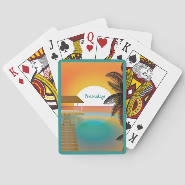 Tropical Beach Ocean Pier Sunset Personalized Playing Cards (Back)