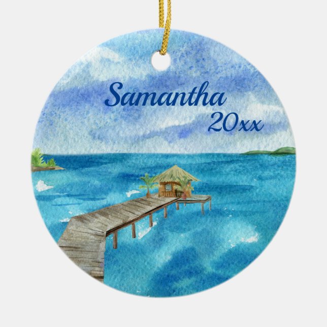 Tropical Beach Ocean Seascape Personalised  Ceramic Tree Decoration (Front)