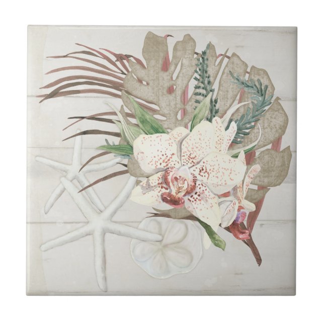 Tropical Beach Ocean Seashells White Orchid Floral Tile (Front)