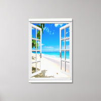 Tropical Beach Ocean View Faux Window