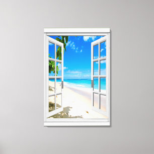 Tropical Beach Ocean View Faux Window Canvas Print