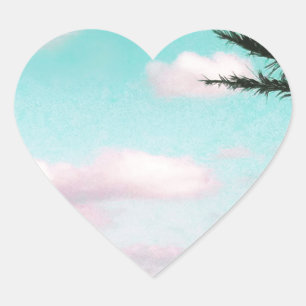 Tropical Beach, Ocean View, Pink Clouds, Palm Heart Sticker