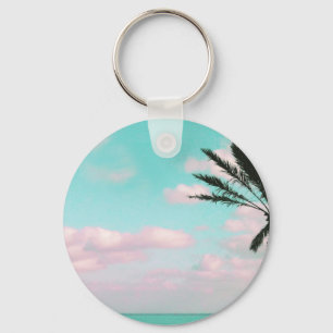 Tropical Beach, Ocean View, Pink Clouds, Palm Key Ring