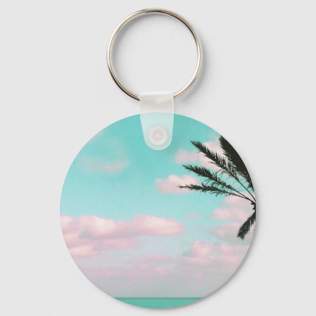 Tropical Beach, Ocean View, Pink Clouds, Palm Key Ring (Front)