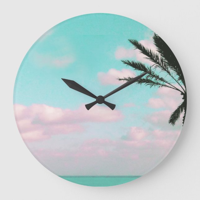 Tropical Beach, Ocean View, Pink Clouds, Palm Large Clock (Front)