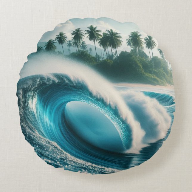 Tropical Beach Ocean Wave Crescendo Palm Trees Round Cushion (Front)