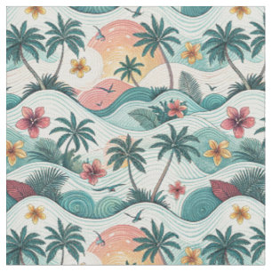Tropical Beach Ocean Waves Hawaiian Floral Pattern Fabric