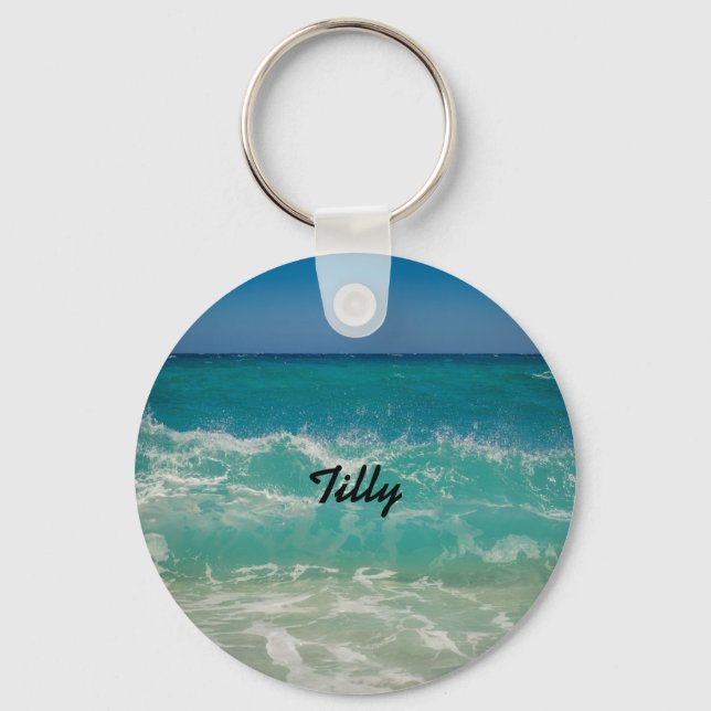 Tropical Beach Ocean Waves Name Key Ring (Front)