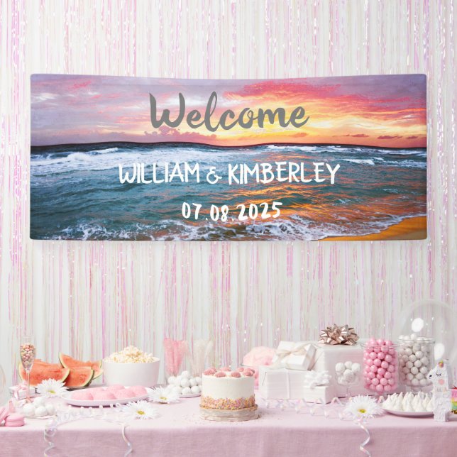 Tropical Beach Ocean Waves Sunset Elegant Wedding Banner (Party)