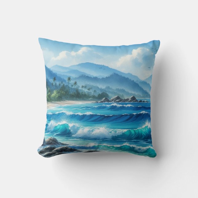Tropical Beach Ocean Waves Watercolors Cushion (Front)