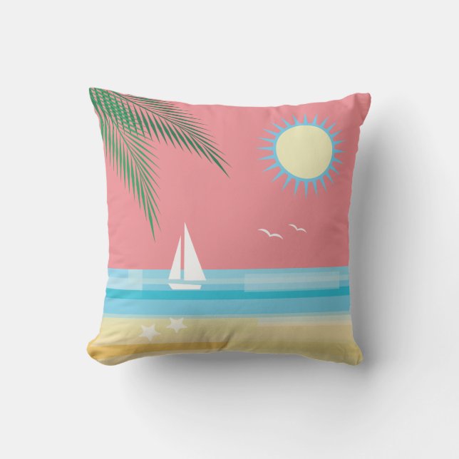 Tropical Beach on Coral Sky - Outdoor Cushion (Front)