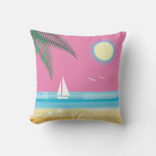 Tropical Beach on Pink Sky Cushion