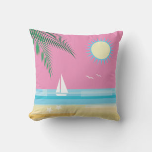 Tropical Beach on Pink Sky - Outdoor Cushion