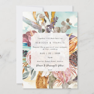 tropical beach orange florals wedding invitation