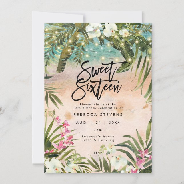tropical beach orchid sweet 16 invitation (Front)
