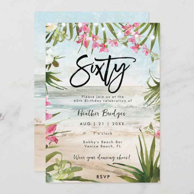 Tropical beach orchids 60th birthday party invitation (Front/Back)