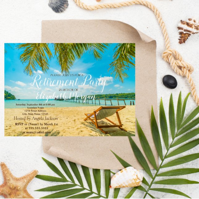 Tropical Beach,Palm,Chair  Retirement Party Invitation (Creator Uploaded)