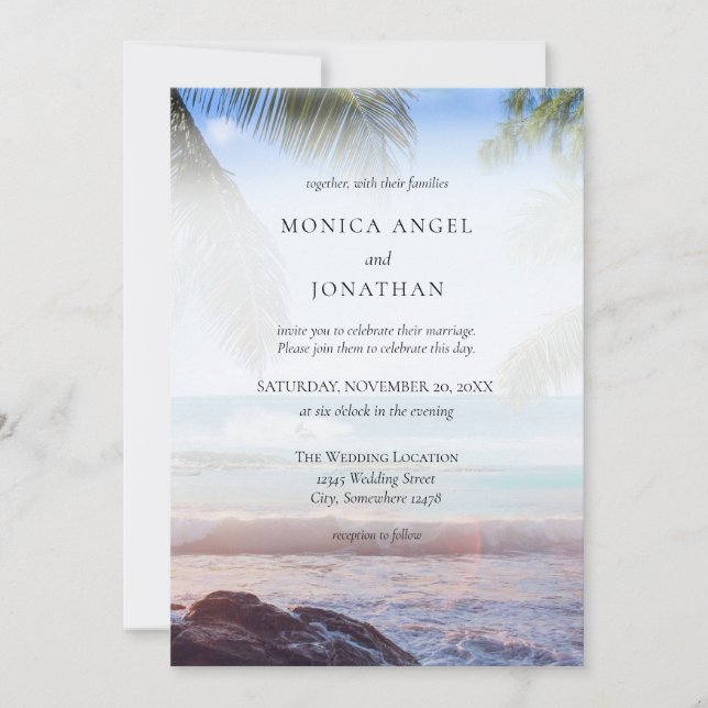 Tropical Beach Palm Destination Wedding Invitation (Front)