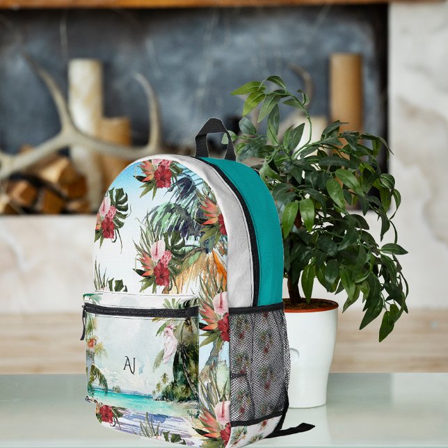 Tropical Beach Palm Floral | Monogram Printed Backpack (Creator Uploaded)