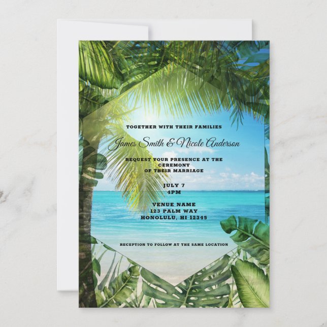 Tropical Beach Palm Leaves Chic Wedding  Invitati Invitation (Front)