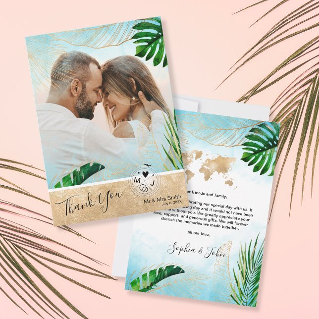 Tropical Beach Palm Photo Destination Wedding Thank You Card (Creator Uploaded)