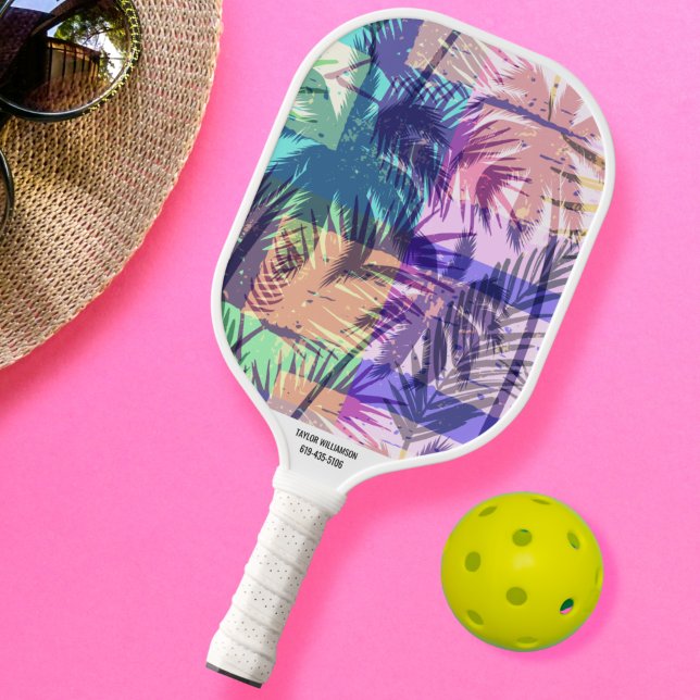 Tropical Beach Palm Print Custom Name Phone #  Pickleball Paddle (Creator Uploaded)