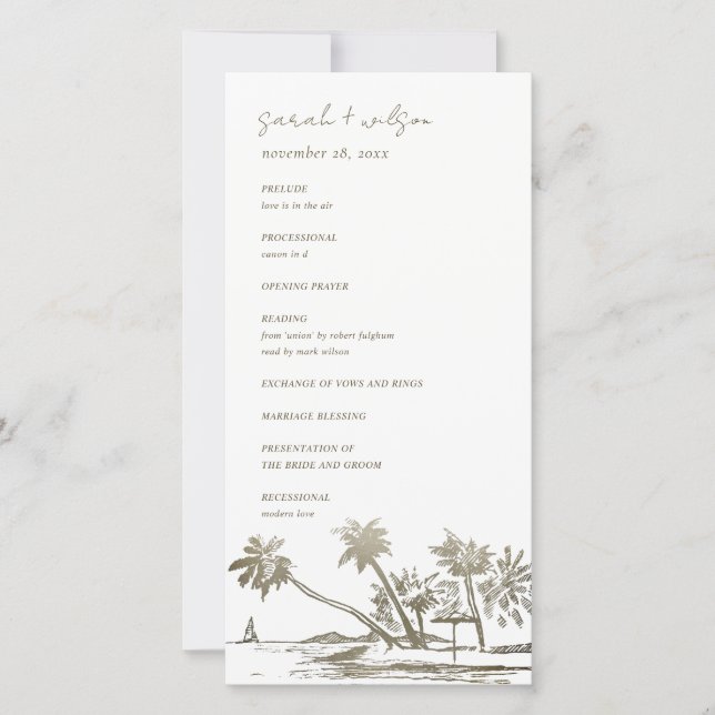Tropical Beach Palm Sketch Gold Wedding Program Thank You Card (Front)