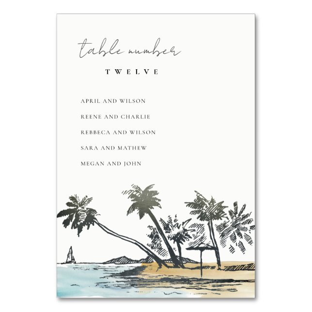 Tropical Beach Palm Sketch Wedding Seating Chart Table Number (Front)