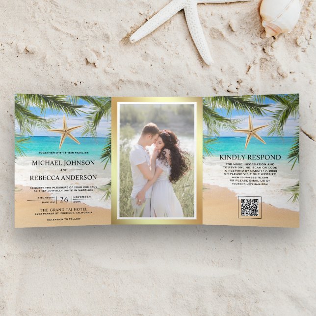 Tropical Beach Palm Starfish Photo QR Code Wedding Tri-Fold Invitation (Creator Uploaded)