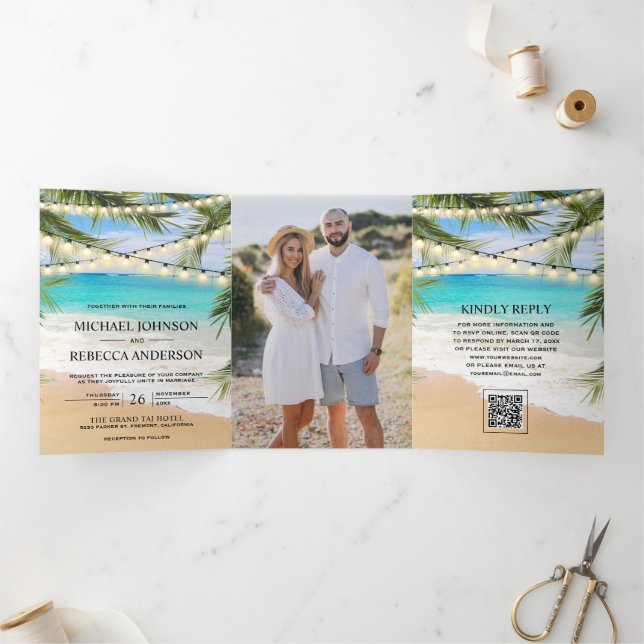 Tropical Beach Palm String Lights QR Code Wedding Tri-Fold Invitation (Inside)