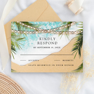 Tropical Beach Palm String Lights Wedding RSVP Card