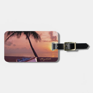 Tropical Beach, Palm, Sunset, Boat - Personalised Luggage Tag