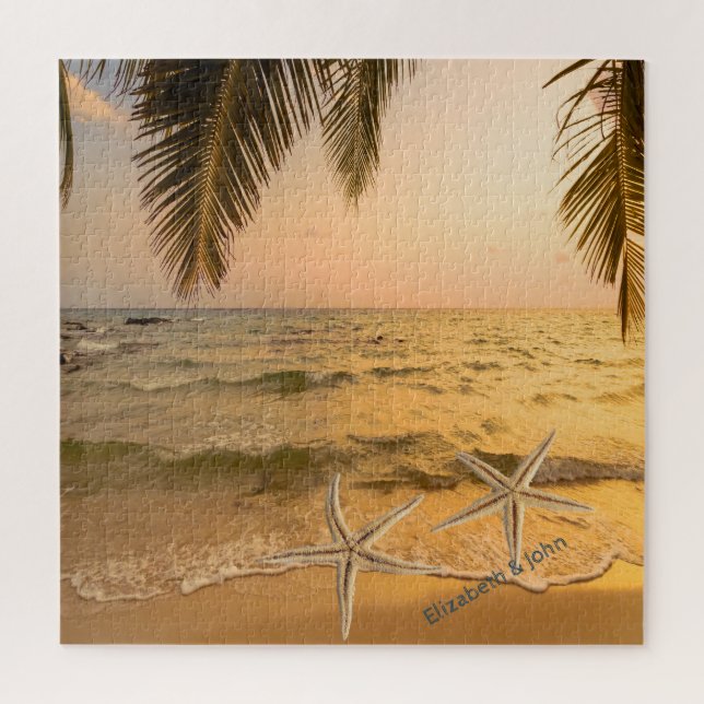Tropical Beach Palm Sunset Seastars Jigsaw Puzzle (Vertical)