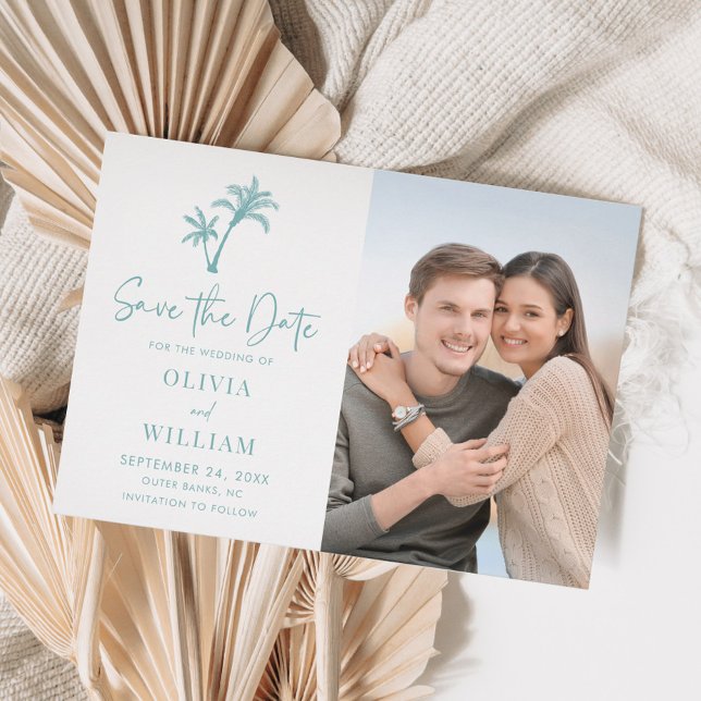 Tropical Beach Palm Tree Aqua Blue Wedding Photo Save The Date (Creator Uploaded)