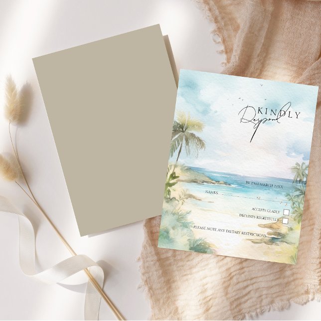 Tropical Beach Palm Tree Destination Wedding RSVP Card (Watercolor Tropical Beach Palm Trees Wedding RSVP Card)