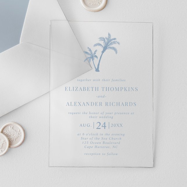 Tropical Beach Palm Tree Dusty Blue Wedding Acrylic Invitations (Creator Uploaded)